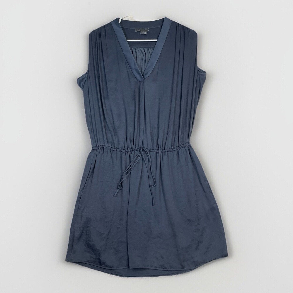 Vince Washed Satin Dress Shirred Shoulder V Neck Waist Drawstring Pockets Small